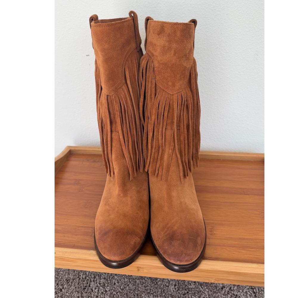 Lucky Brand Brown Suede Fringe Western Boots Womens 8M Cognac Boho Pull On - Picture 9 of 16